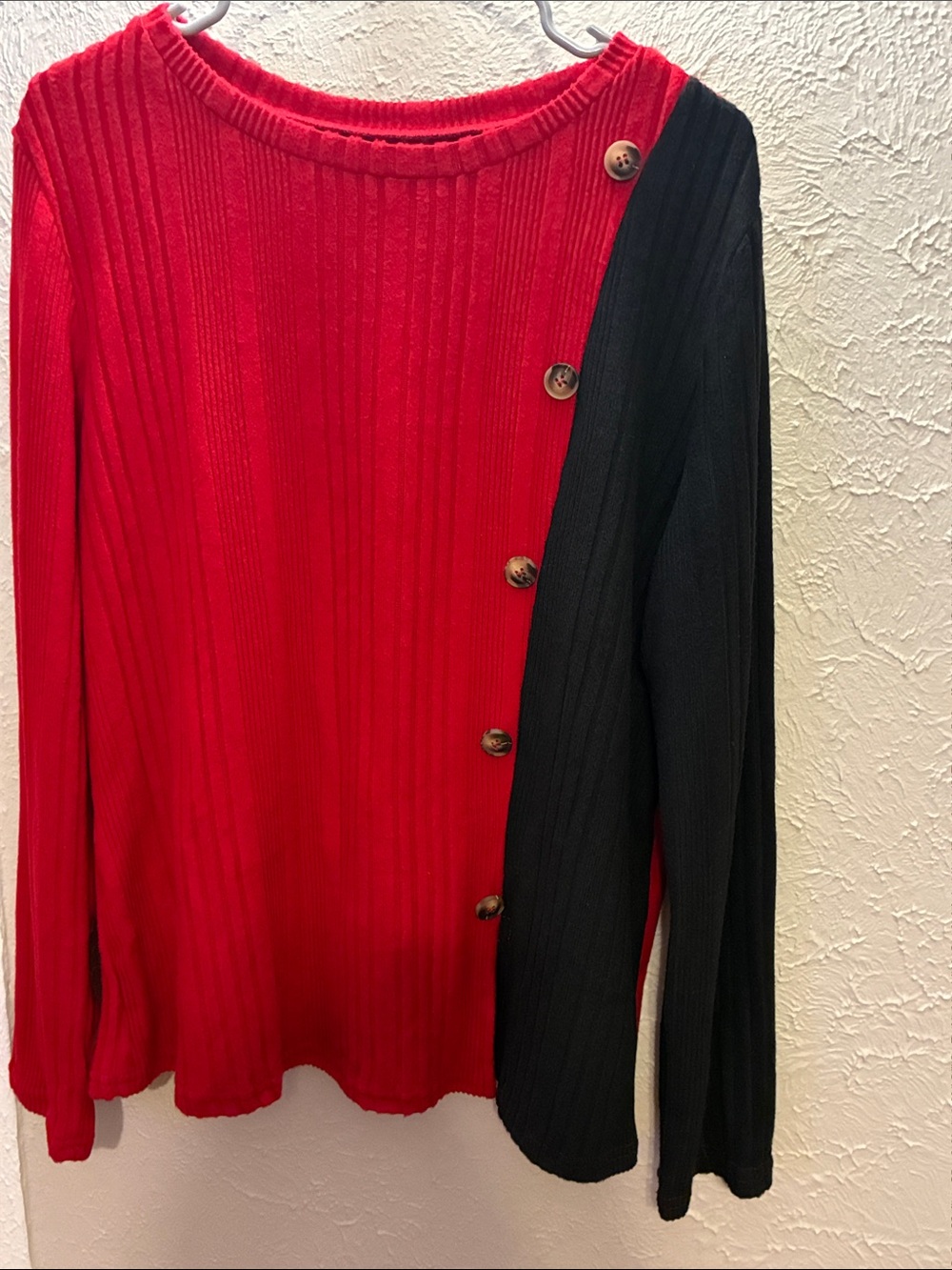 Women's Red & Black Ribbed Crewneck Sweater with Button Detail